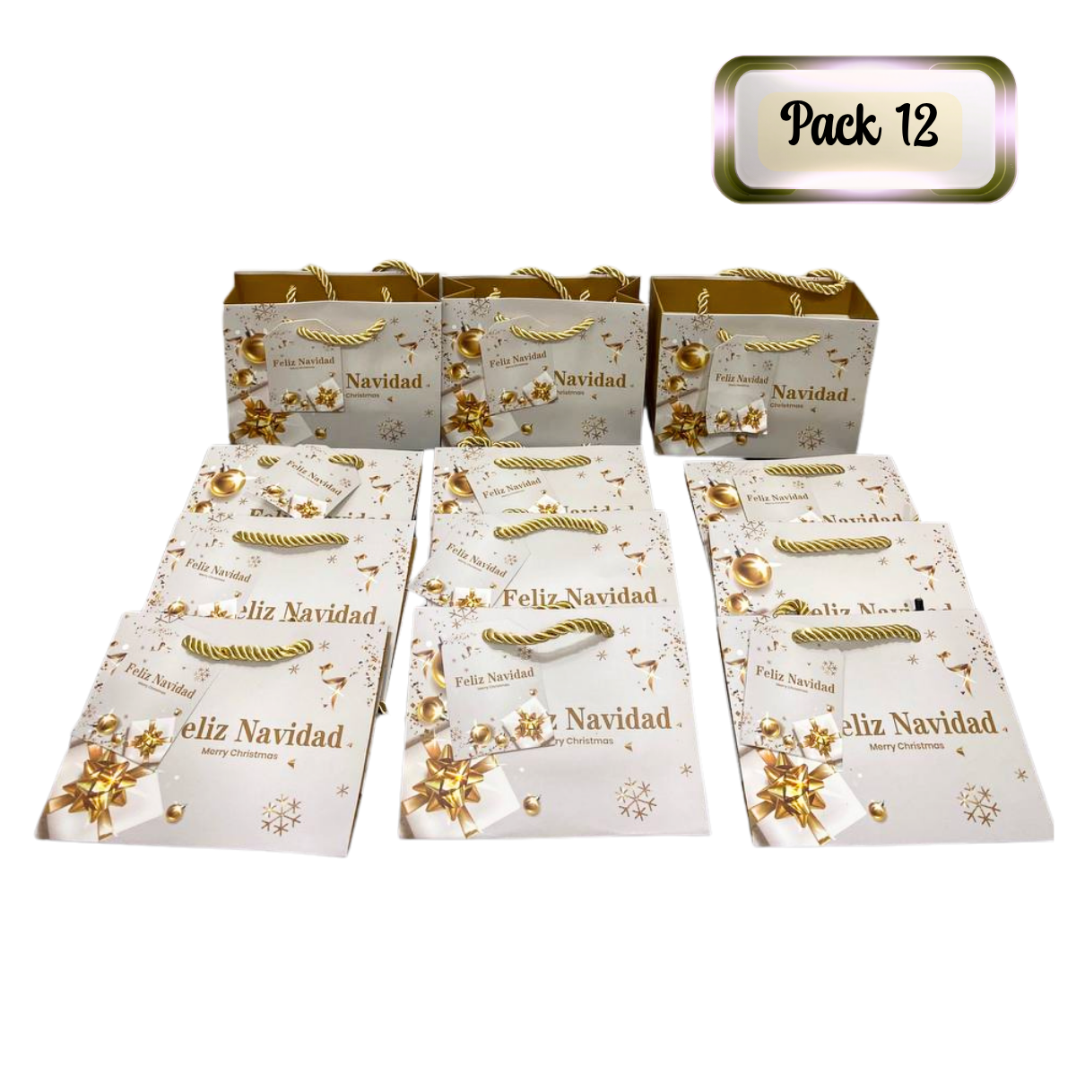 Pack 12 Bolsas De Regalo 11.5 cm x 14.5 cm Blancas Con Dorado Navidad 2025-0