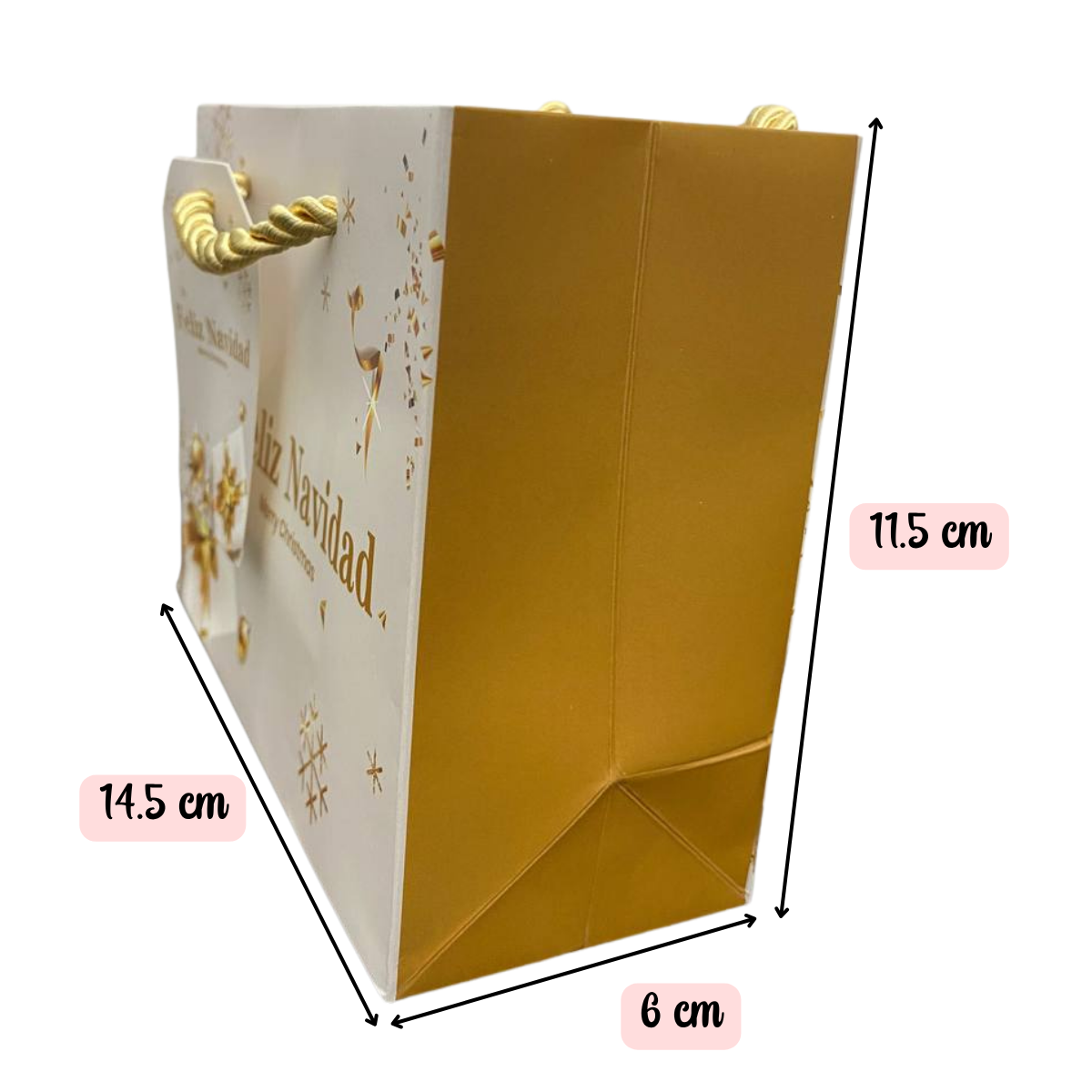 Pack 12 Bolsas De Regalo 11.5 cm x 14.5 cm Blancas Con Dorado Navidad 2025-1