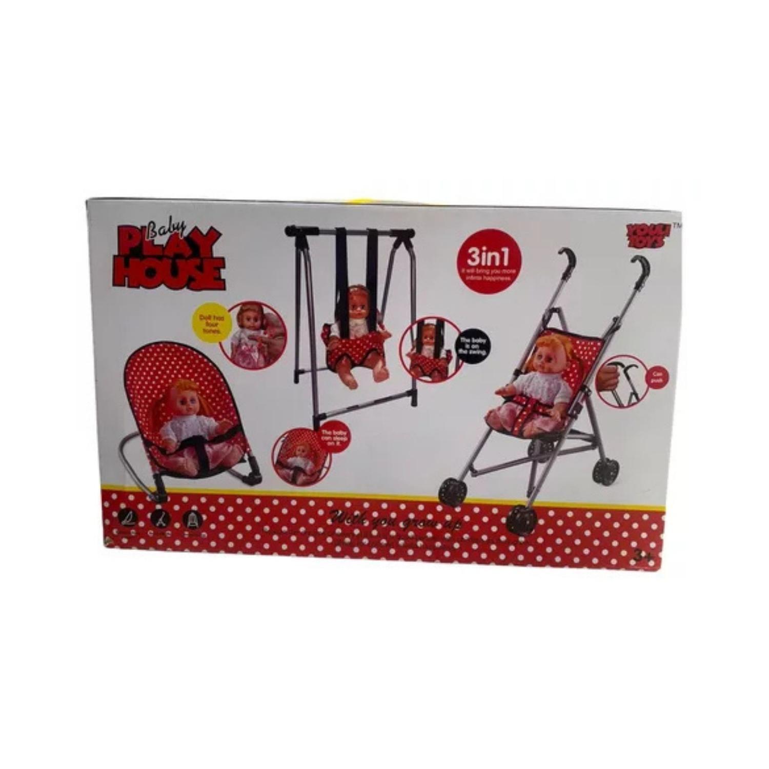 Set Juego De Muñeca 3 En 1 Silla, Columpio Y Coche-2