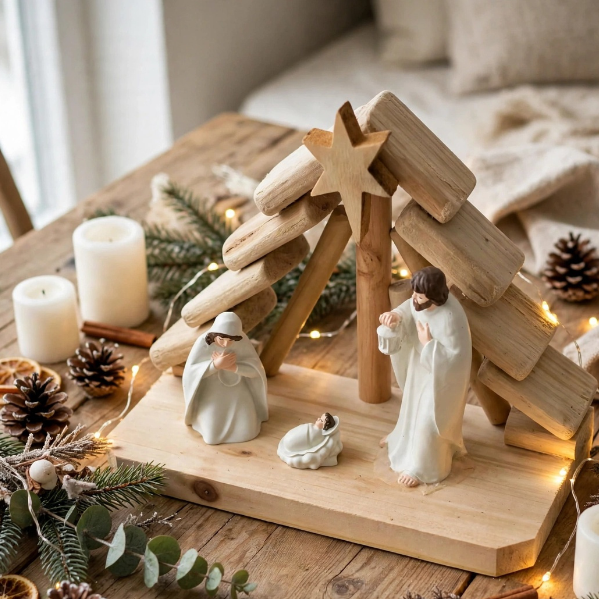 Pesebre Nacimiento Navideño Madera 30x10x21 cm Blanco Navidad -2