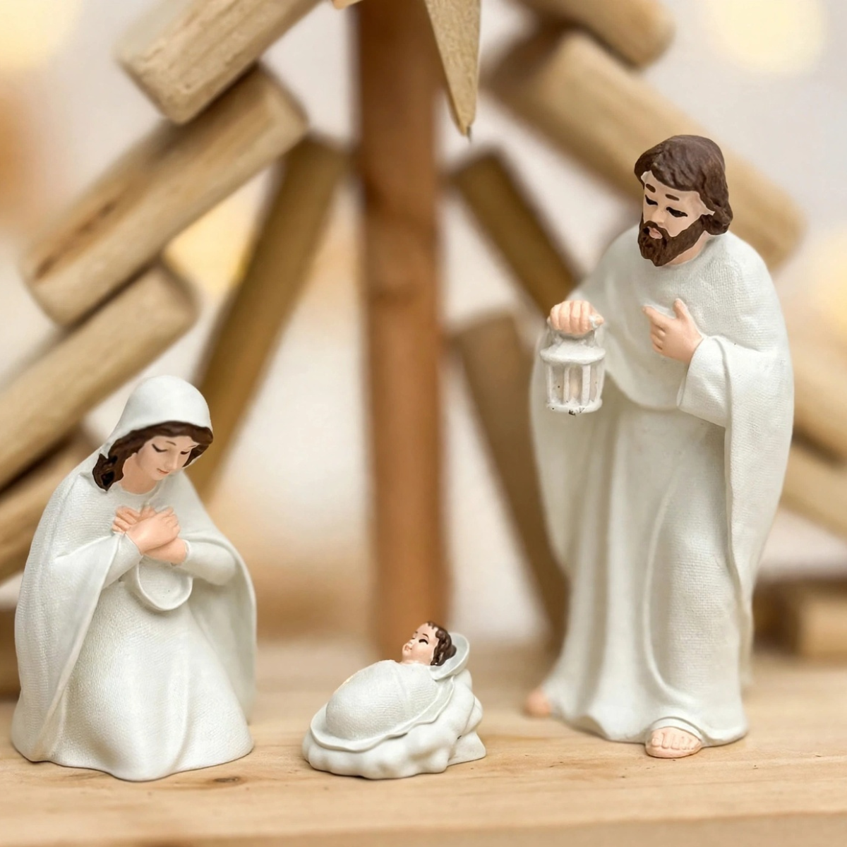 Pesebre Nacimiento Navideño Madera 30x10x21 cm Blanco Navidad -3