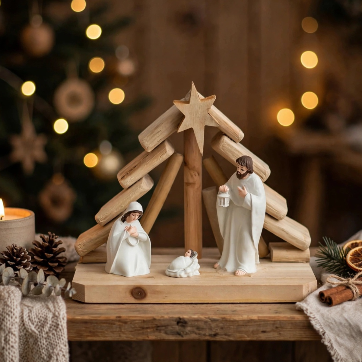 Pesebre Nacimiento Navideño Madera 30x10x21 cm Blanco Navidad -4