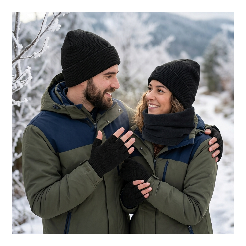 Set Invierno Térmico Gorro Beanie + Guantes Sin Dedos + Cuello-0
