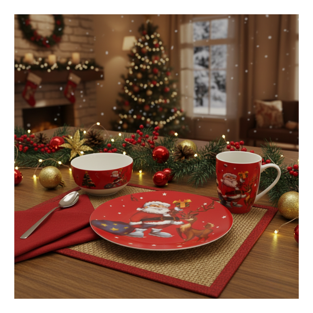 Set De Taza Plato Y Bowl De Navidad Viejo Pascuero Navidad Rojo Viejito Pascuero-5