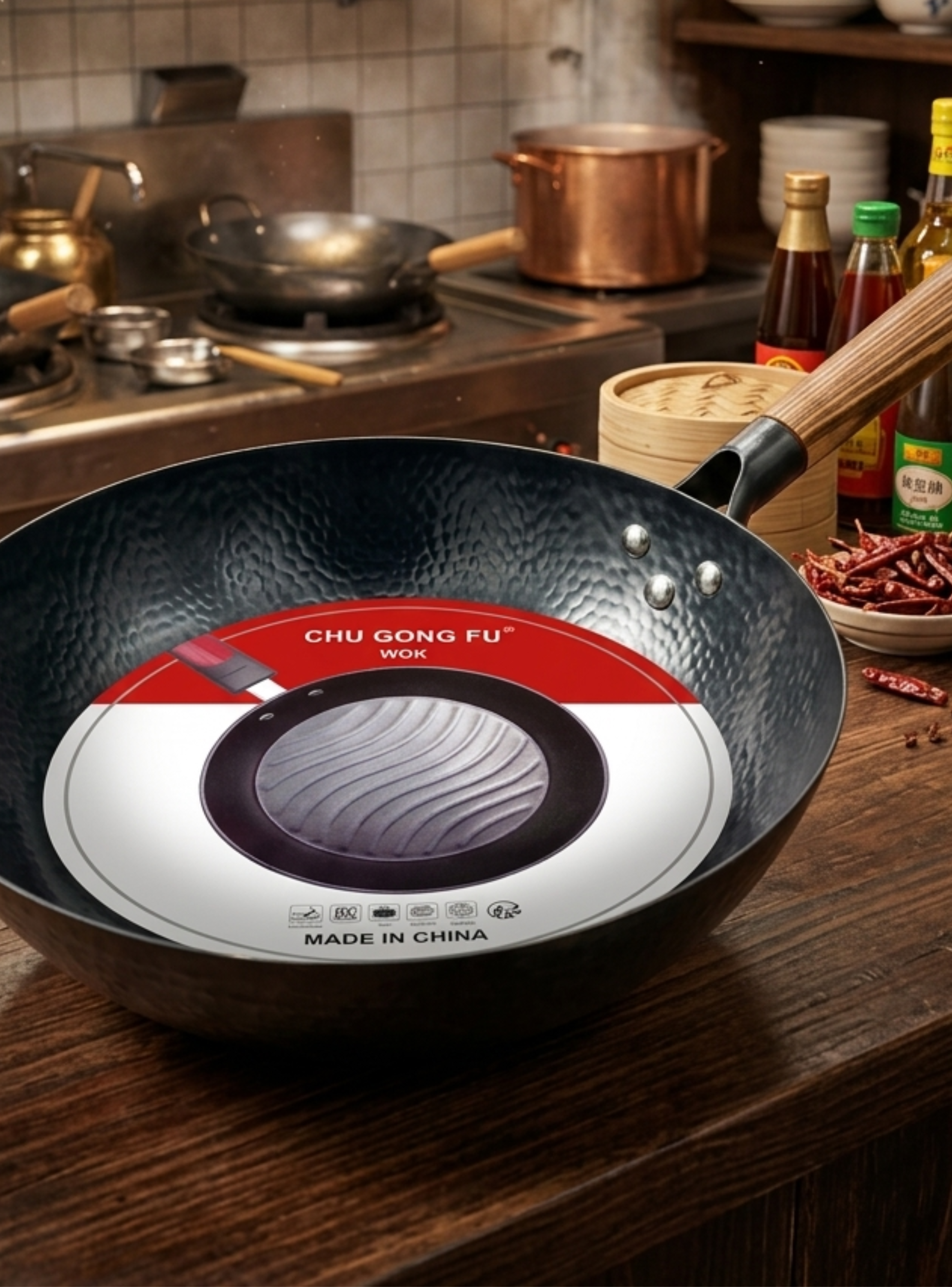 Wok De Cocina Tradicional Acero Martillado Mango De Madera-0