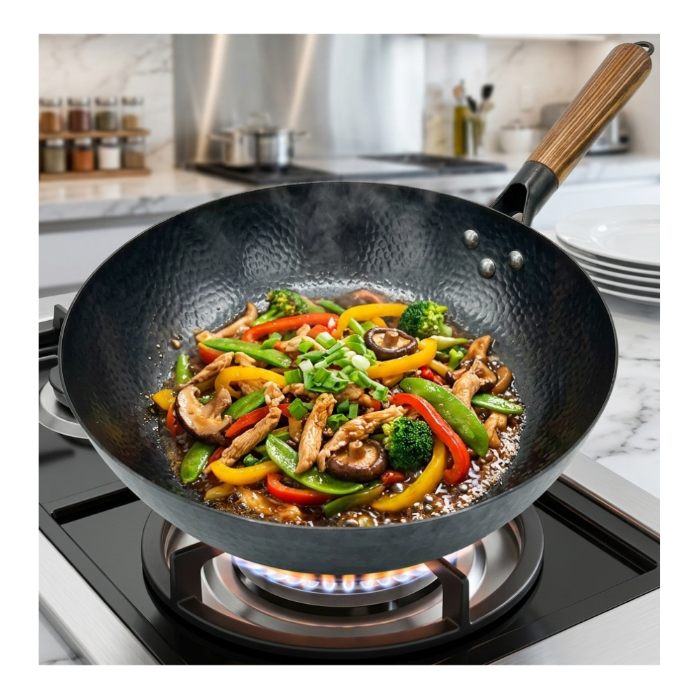 Wok De Cocina Tradicional Acero Martillado Mango De Madera-3