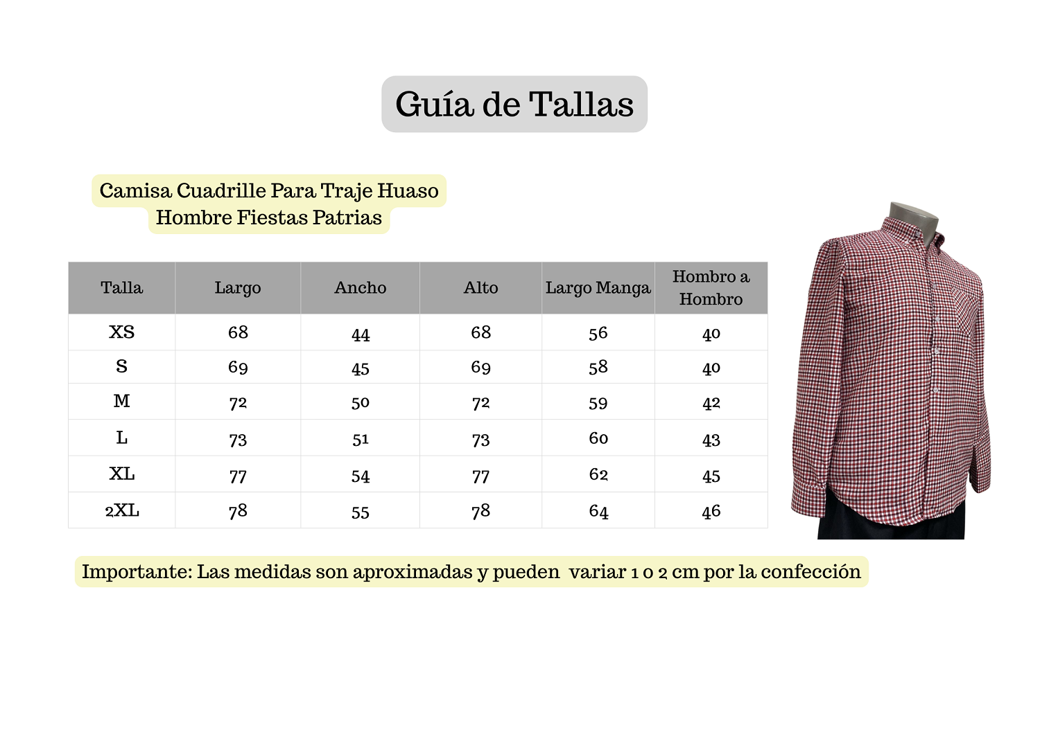 Camisa Cuadrille Para Traje Huaso Hombre Fiestas Patrias Blanco Rojo-5