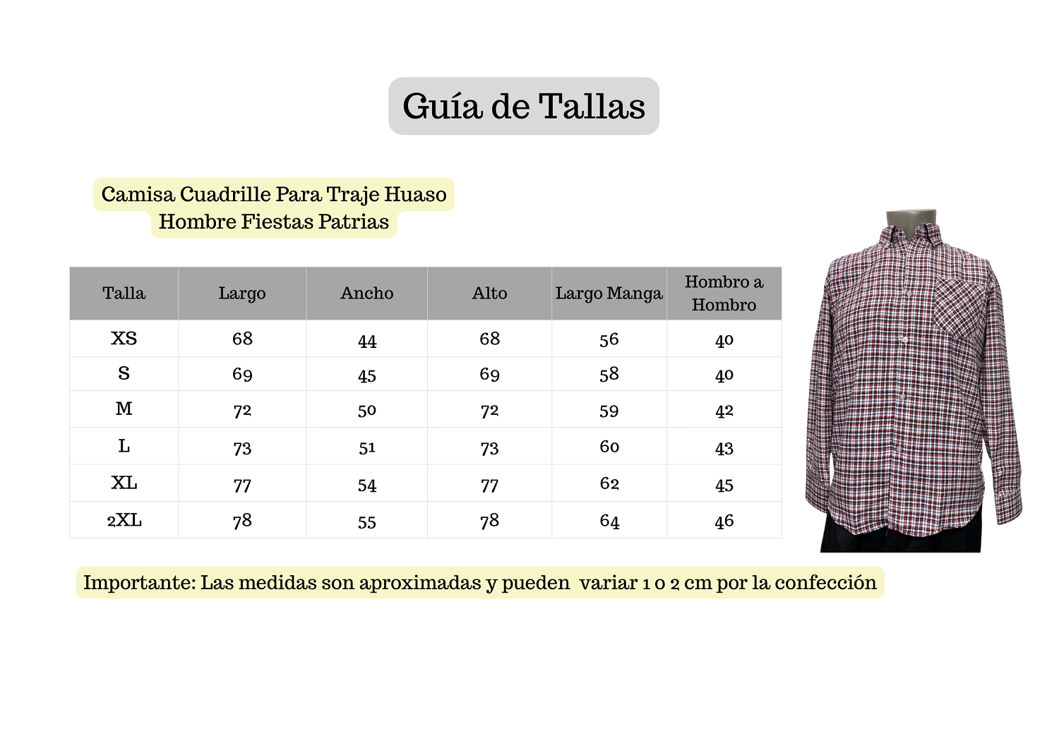 Camisa Cuadrille Traje Huaso Hombre Fiestas Patrias Rojo Blanco Negro-3