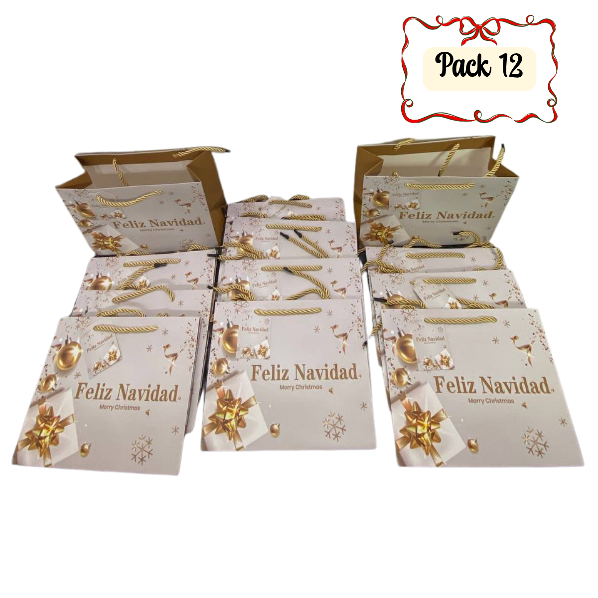 Pack 12 Bolsas De Regalo 18 cm x 23 cm Blancas Con Dorado Navidad 2025-0