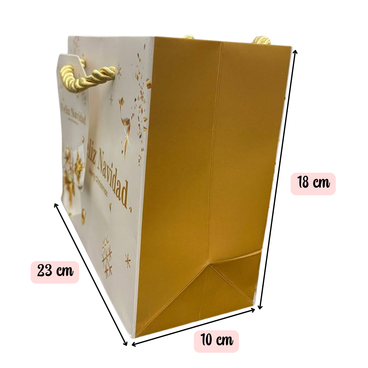 Pack 12 Bolsas De Regalo 18 cm x 23 cm Blancas Con Dorado Navidad 2025-1