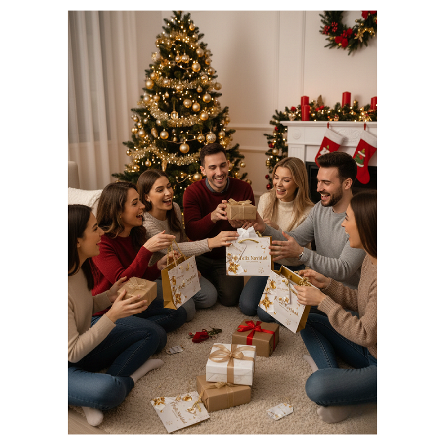Pack 12 Bolsas De Regalo 18 cm x 23 cm Blancas Con Dorado Navidad 2025-2