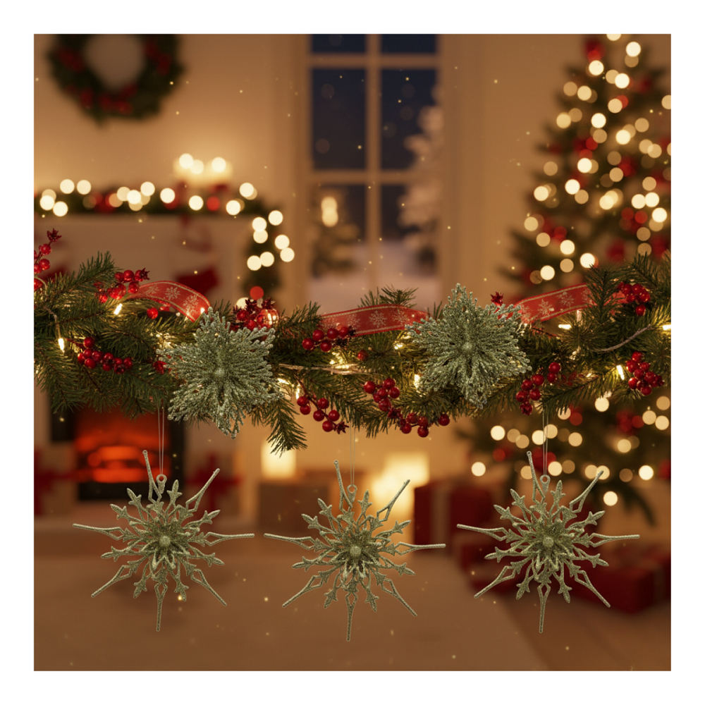 Set 6 Copos / Flores De Nieve Adornos De Navidad Brillantes Adorno Árbol Dorado-4