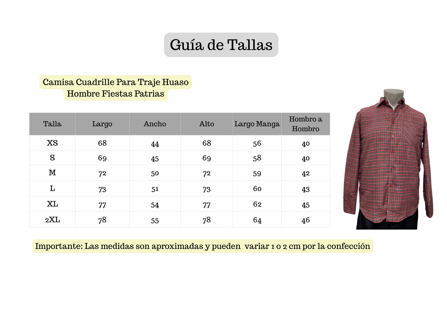 Camisa Cuadrille Para Traje Huaso Hombre Fiestas Patrias Rojo Negro-4