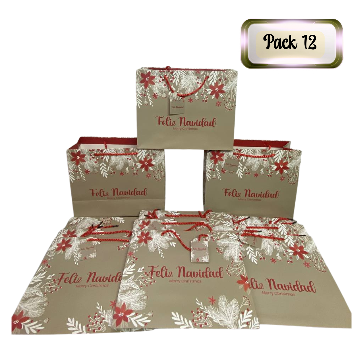 Pack 12 Bolsas De Regalo 26 cm x 32 cm Beige Con Rojo Navidad 2025-0