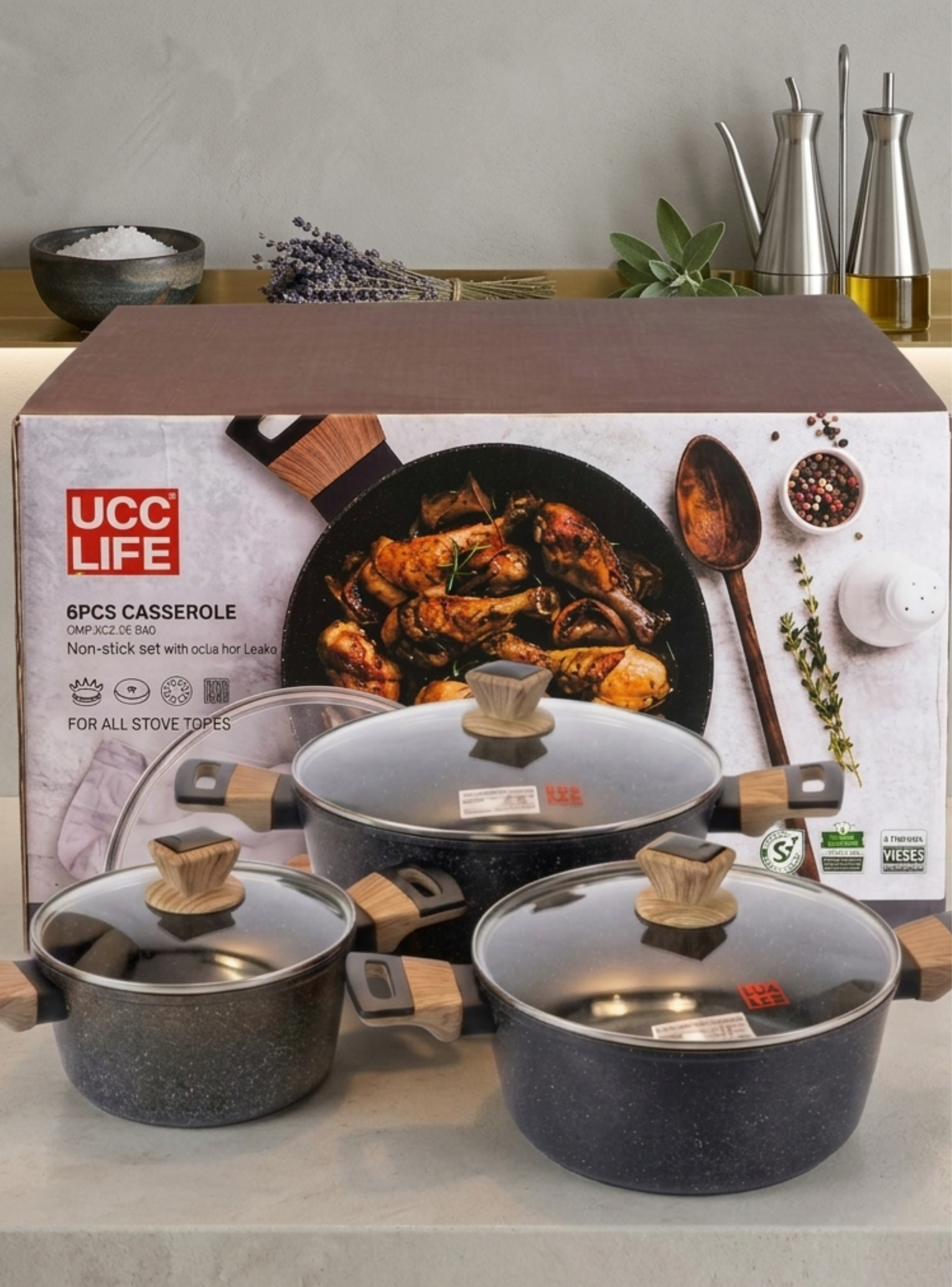 Batería De Cocina 6 Pcs Ollas Cacerolas Para Todo Tipo De Cocina Diseño Granito Y Madera-0