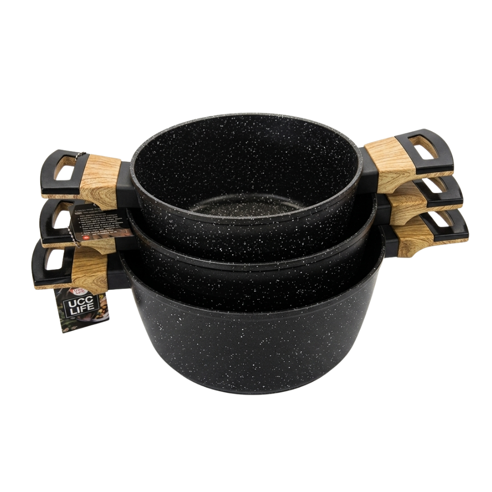 Batería De Cocina 6 Pcs Ollas Cacerolas Para Todo Tipo De Cocina Diseño Granito Y Madera-3