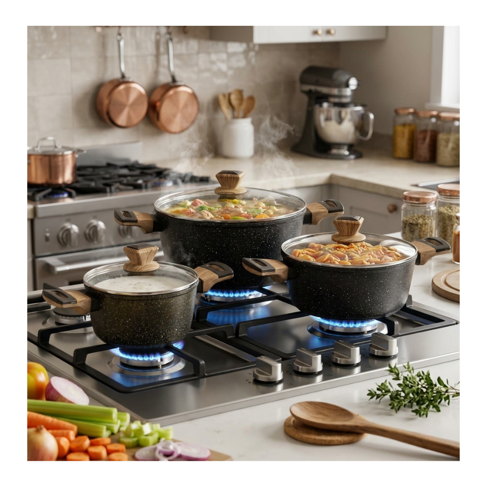 Batería De Cocina 6 Pcs Ollas Cacerolas Para Todo Tipo De Cocina Diseño Granito Y Madera-7