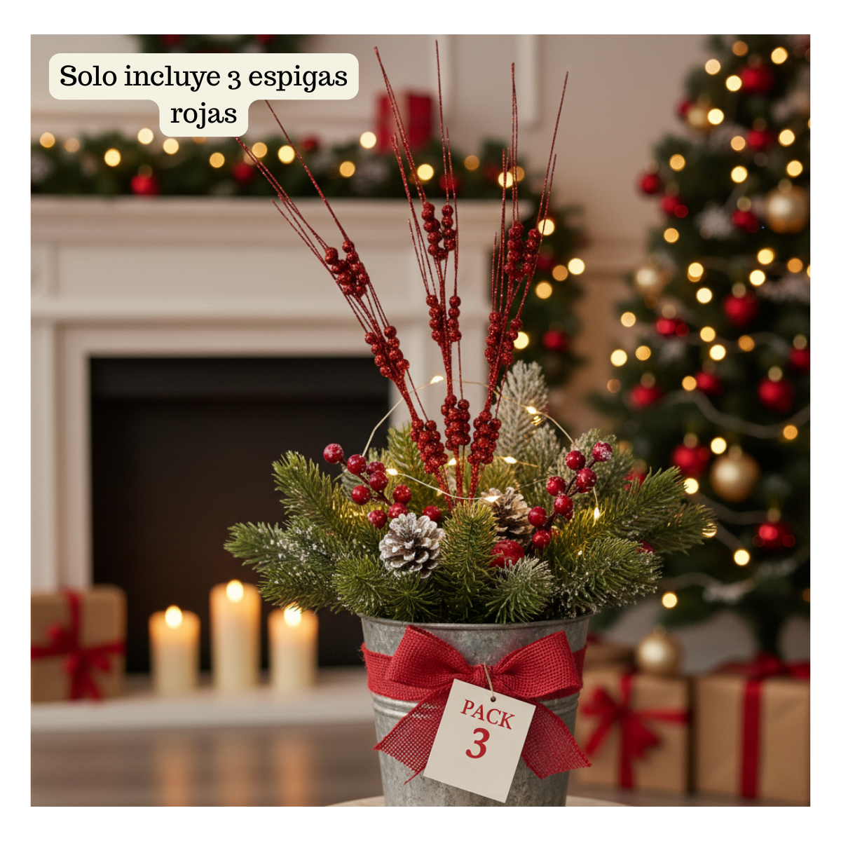 Pack 3 Ramas De Navidad Bayas Con Tallo De Acebo Navideño 65 cm -3