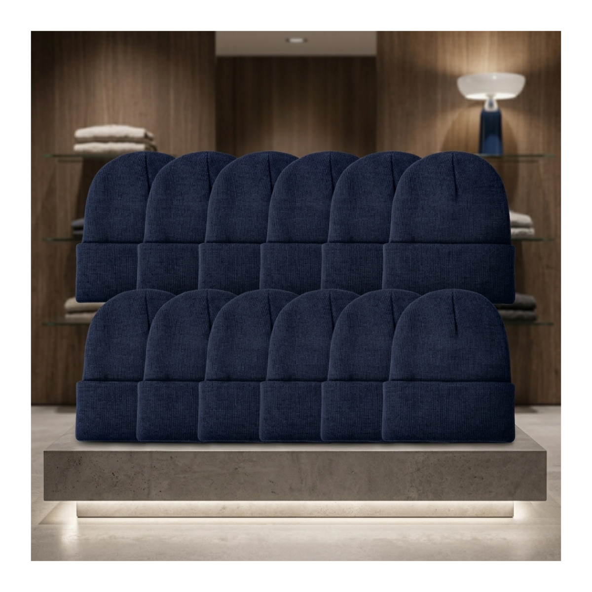 Pack 12 Gorro De Lana Con Doblez Adulto Azul / Negro-0