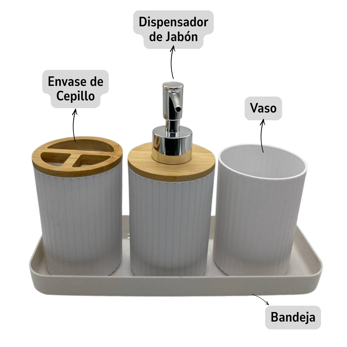 Juego Accesorios Set De Baño 6 Piezas Bambú Cepillo WC Blanco + Cortina De Obsequio-2