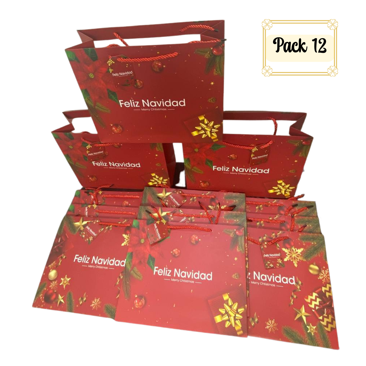 Pack 12 Bolsas De Regalo 26 cm x 32 cm Rojas Con Dorado Navidad 2025-0