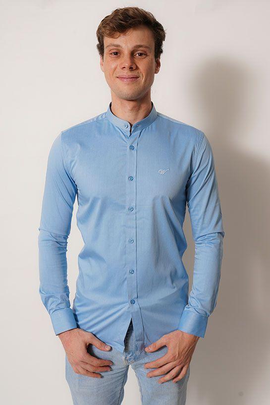 camisa cuello mao  color celeste cielo manga larga-3