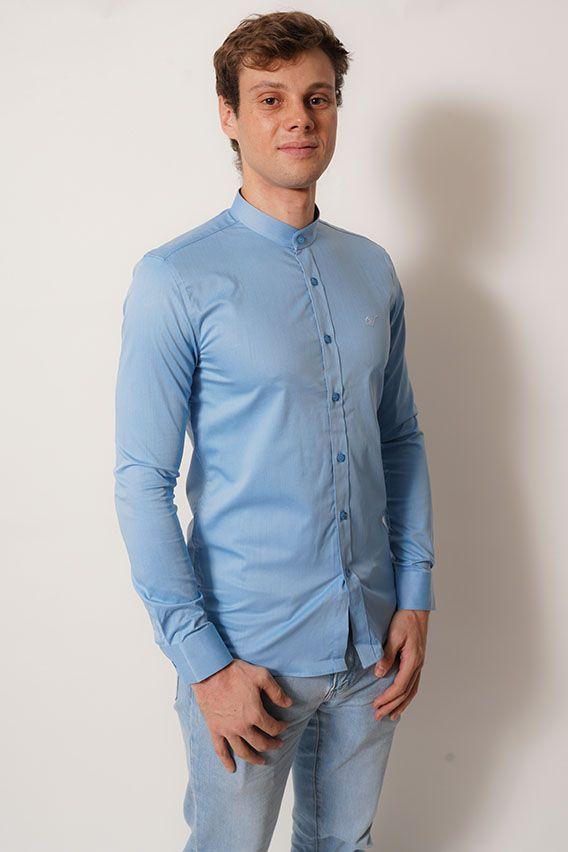 camisa cuello mao  color celeste cielo manga larga-2