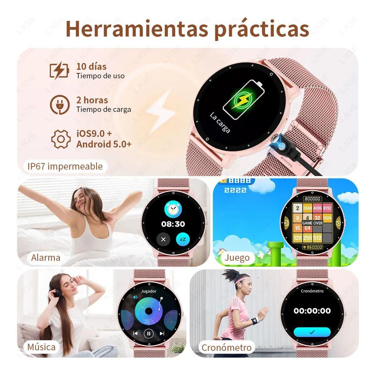 Smartwatch Lige Zl02d Display De 1.39 Con Correa De Silicona Con Correa Color Rosa-2