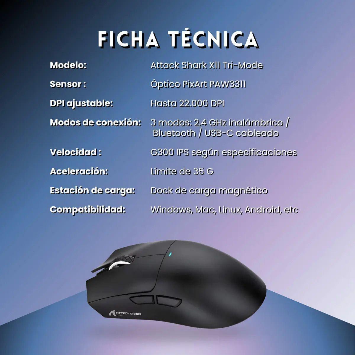 Mouse Gamer X11 Attack Shark Tri Mode 22000 Dpi Paw3311 Dock Color Negro-2