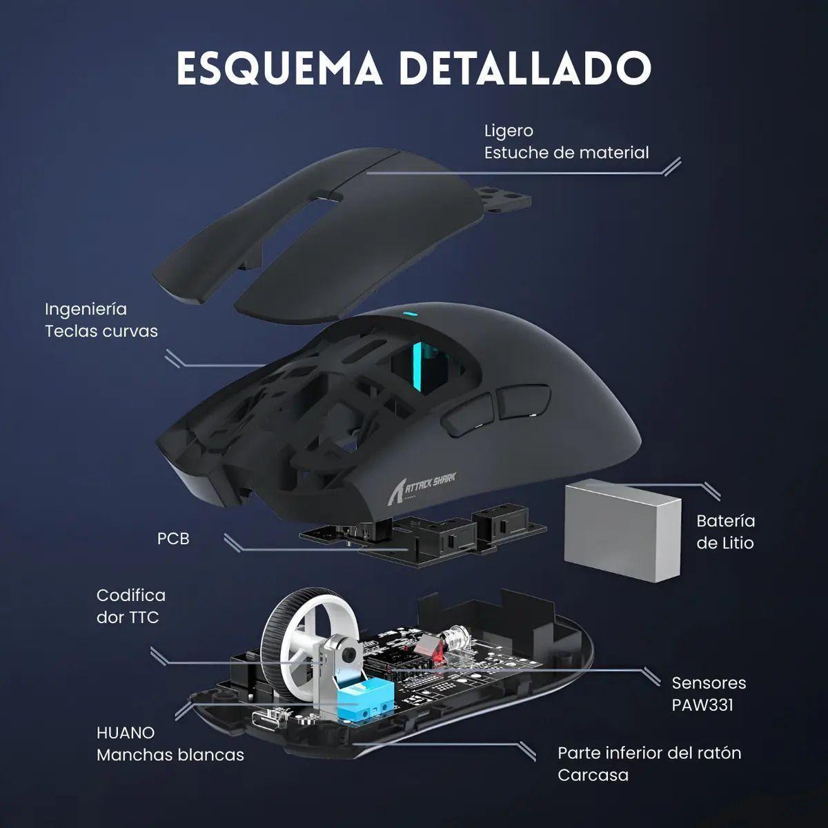 Mouse Gamer X11 Attack Shark Tri Mode 22000 Dpi Paw3311 Dock Color Negro-3