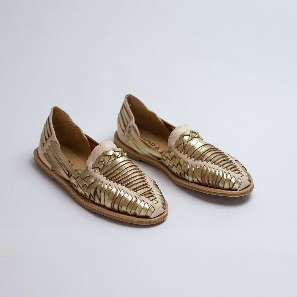 Zapatos de Cuero Tejidos Julieta Dorado - Hueso-2
