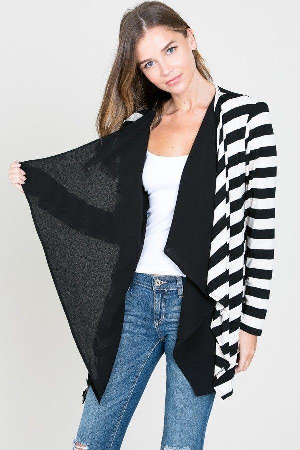 Cardigan Rayas Blanco Negro Cuello Cascada-2