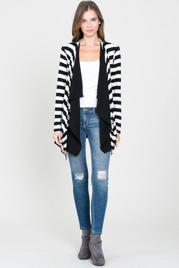 Cardigan Rayas Blanco Negro Cuello Cascada-3