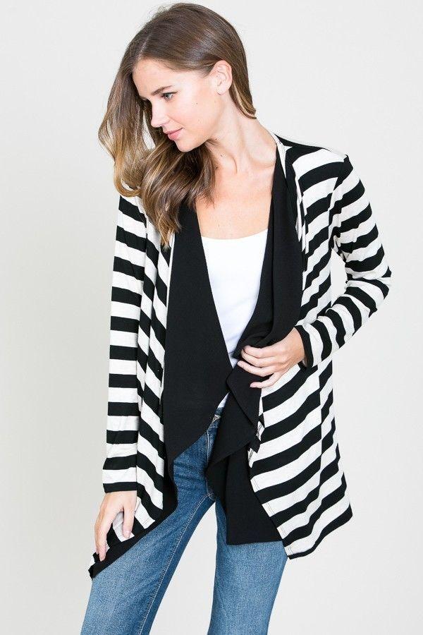 Cardigan Rayas Blanco Negro Cuello Cascada-5