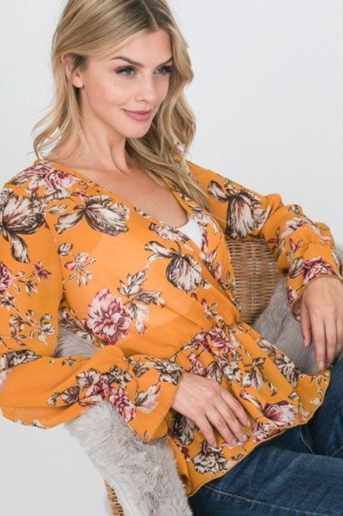 Blusa Gasa Floral Mostaza Manga Campana Peplum-0