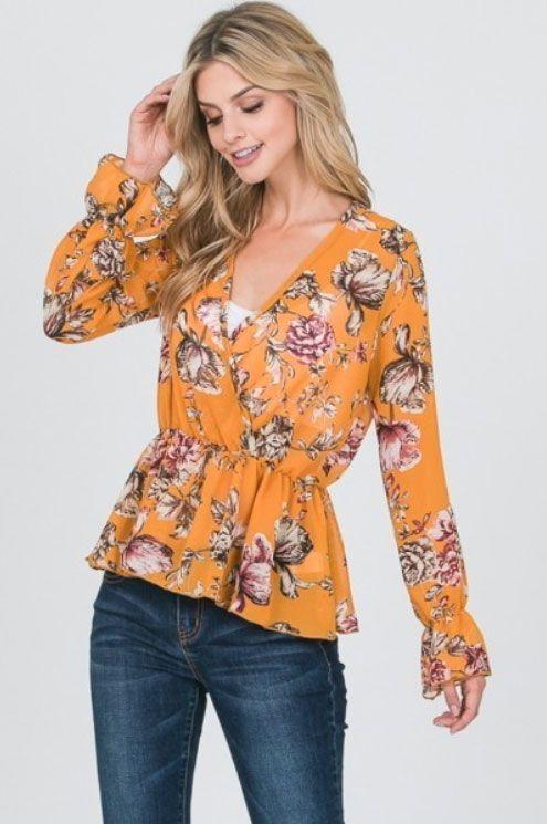 Blusa Gasa Floral Mostaza Manga Campana Peplum-1