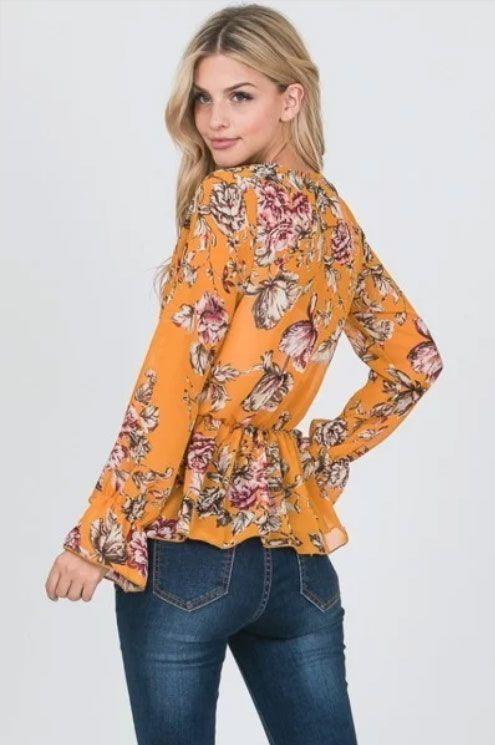 Blusa Gasa Floral Mostaza Manga Campana Peplum-2