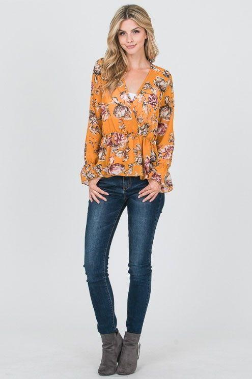 Blusa Gasa Floral Mostaza Manga Campana Peplum-3