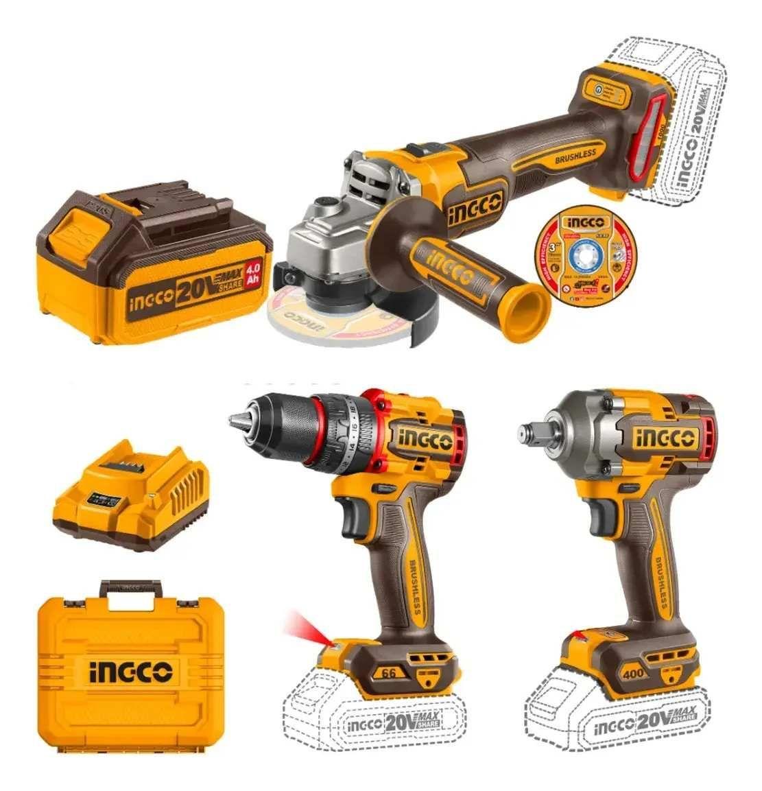 KIT A BATERIA P20S 20V 3 PIEZAS BRUSHLESS MOTOR C 2BAT CARGADOR VALIJA Y ACCESORIOS INGCO COSLI241-0