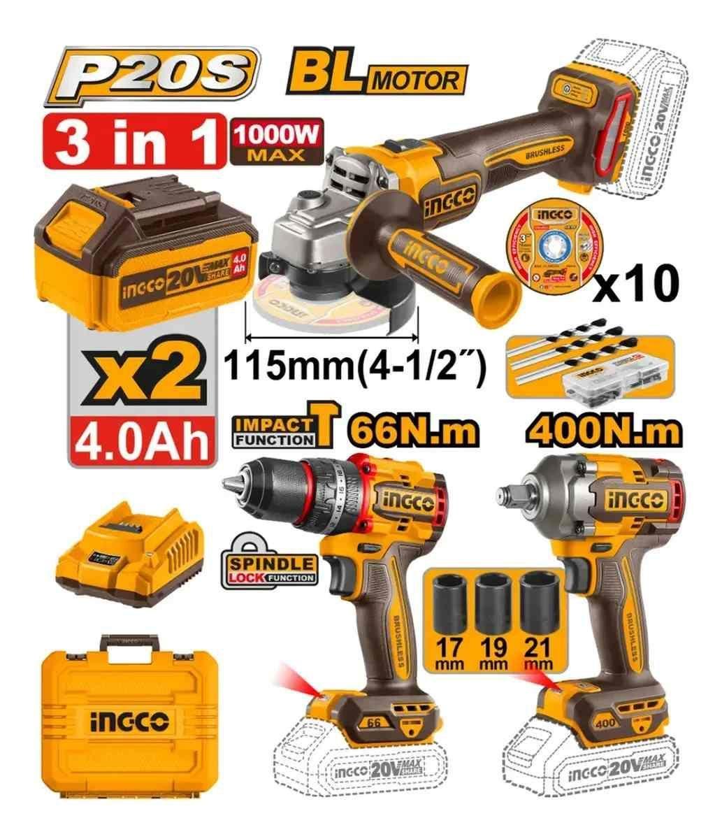 KIT A BATERIA P20S 20V 3 PIEZAS BRUSHLESS MOTOR C 2BAT CARGADOR VALIJA Y ACCESORIOS INGCO COSLI241-1