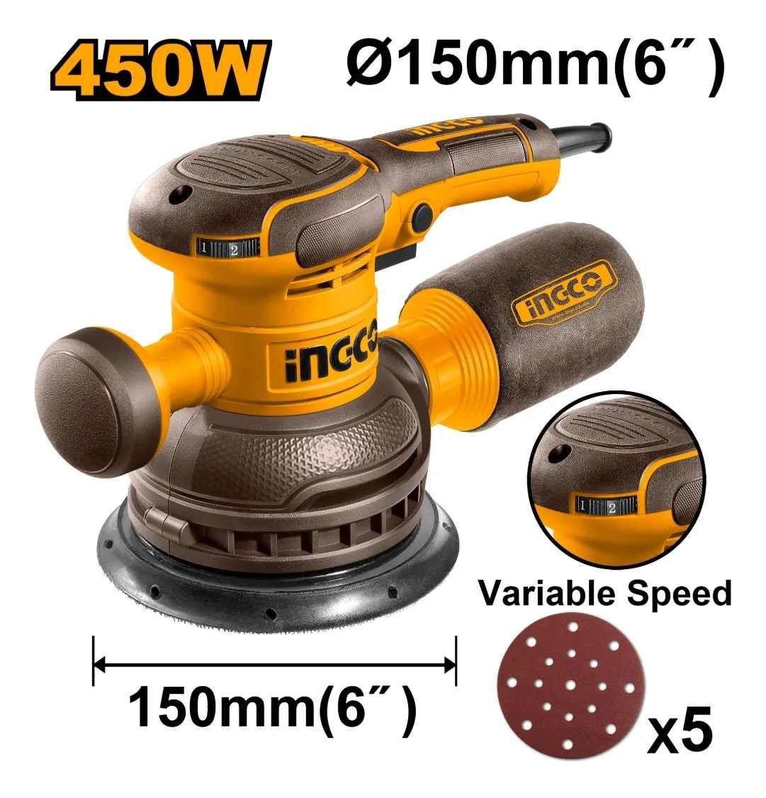 Lijadora Roto Orbital Electrica 150mm 450w Con 5 Lijas Amarillo-1