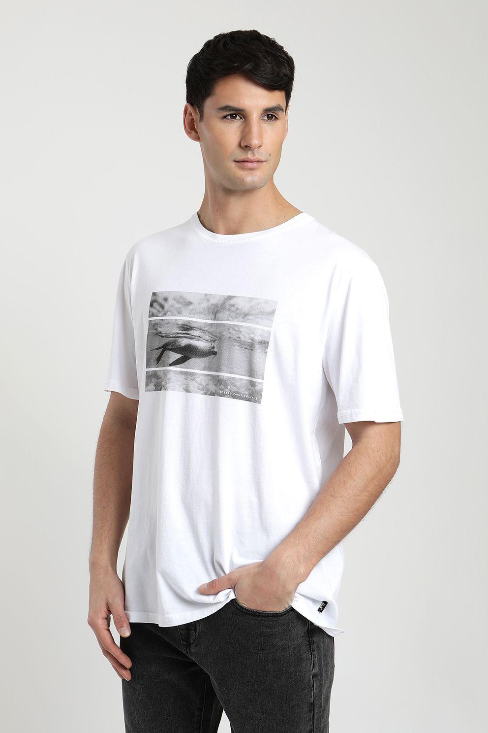 Polera manga corta hombre Foto lobo de mar blanco- -0