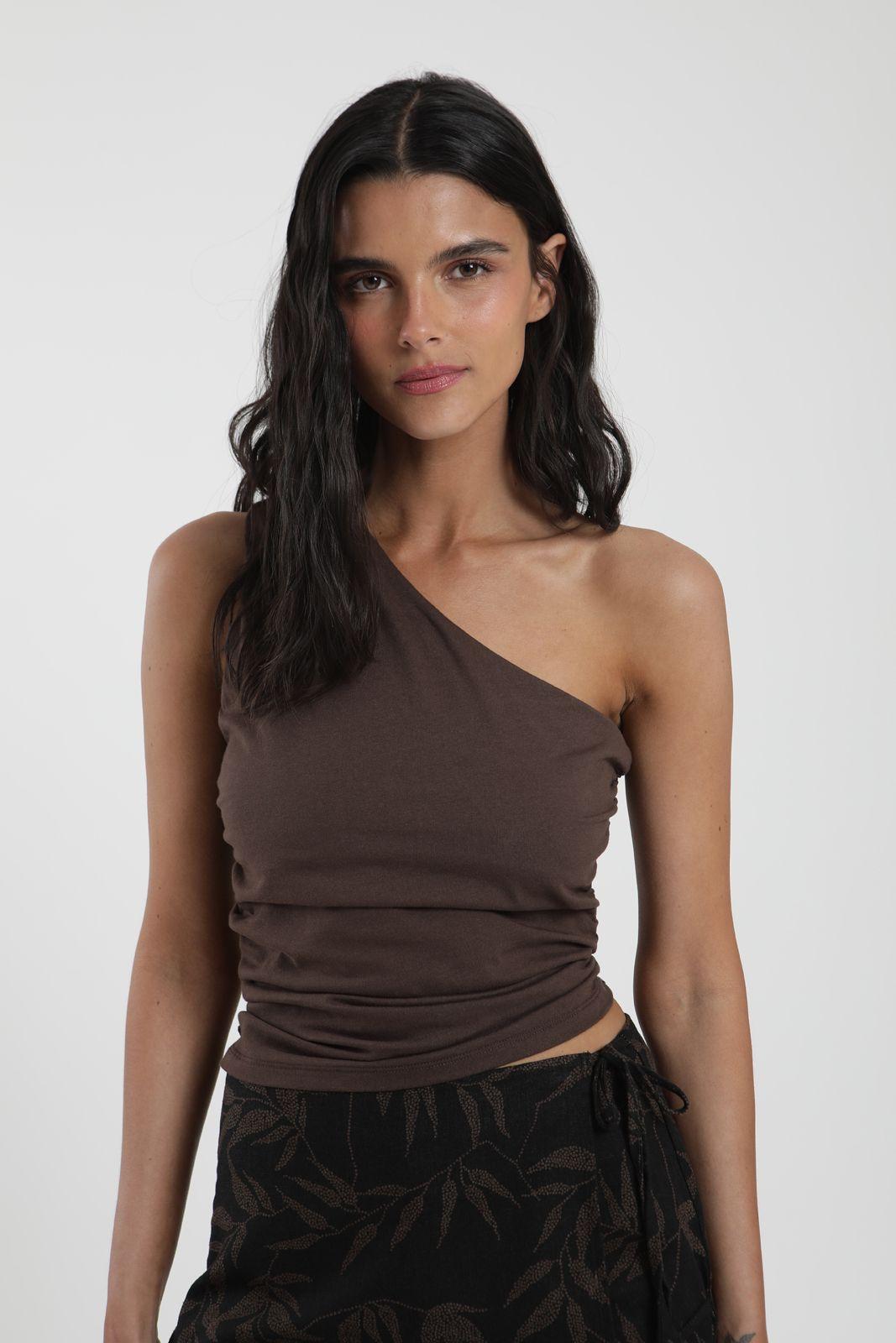 Polera mujer Drapeada café Algodón orgánico Froens-1