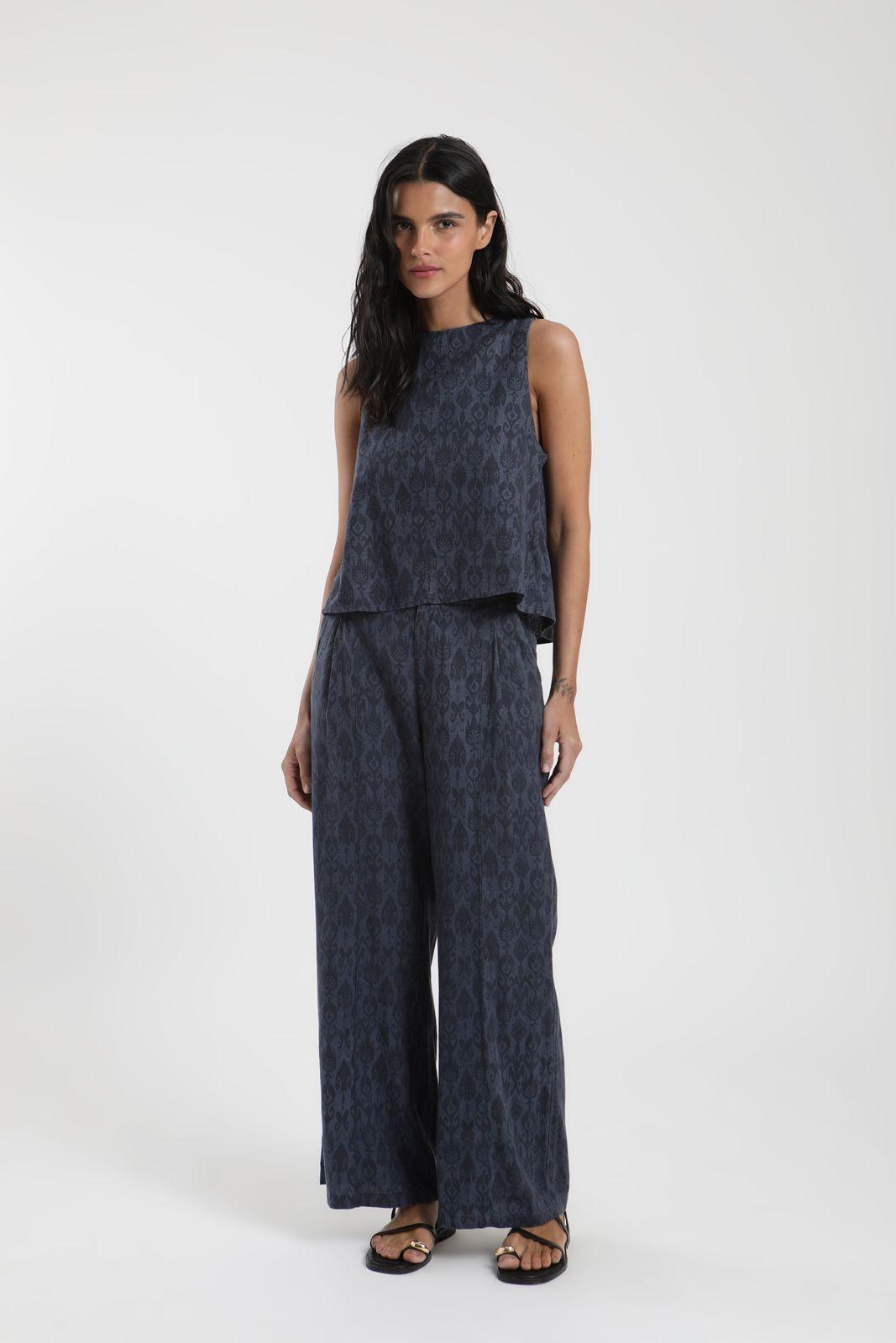 Pantalón mujer Docas print azul Lino Froens-3