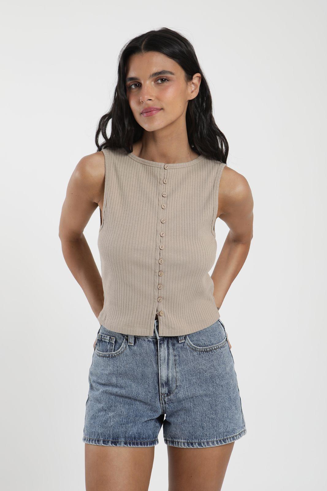 Polera mujer sin mangas Olympia beige Algodón orgánico Froens-2