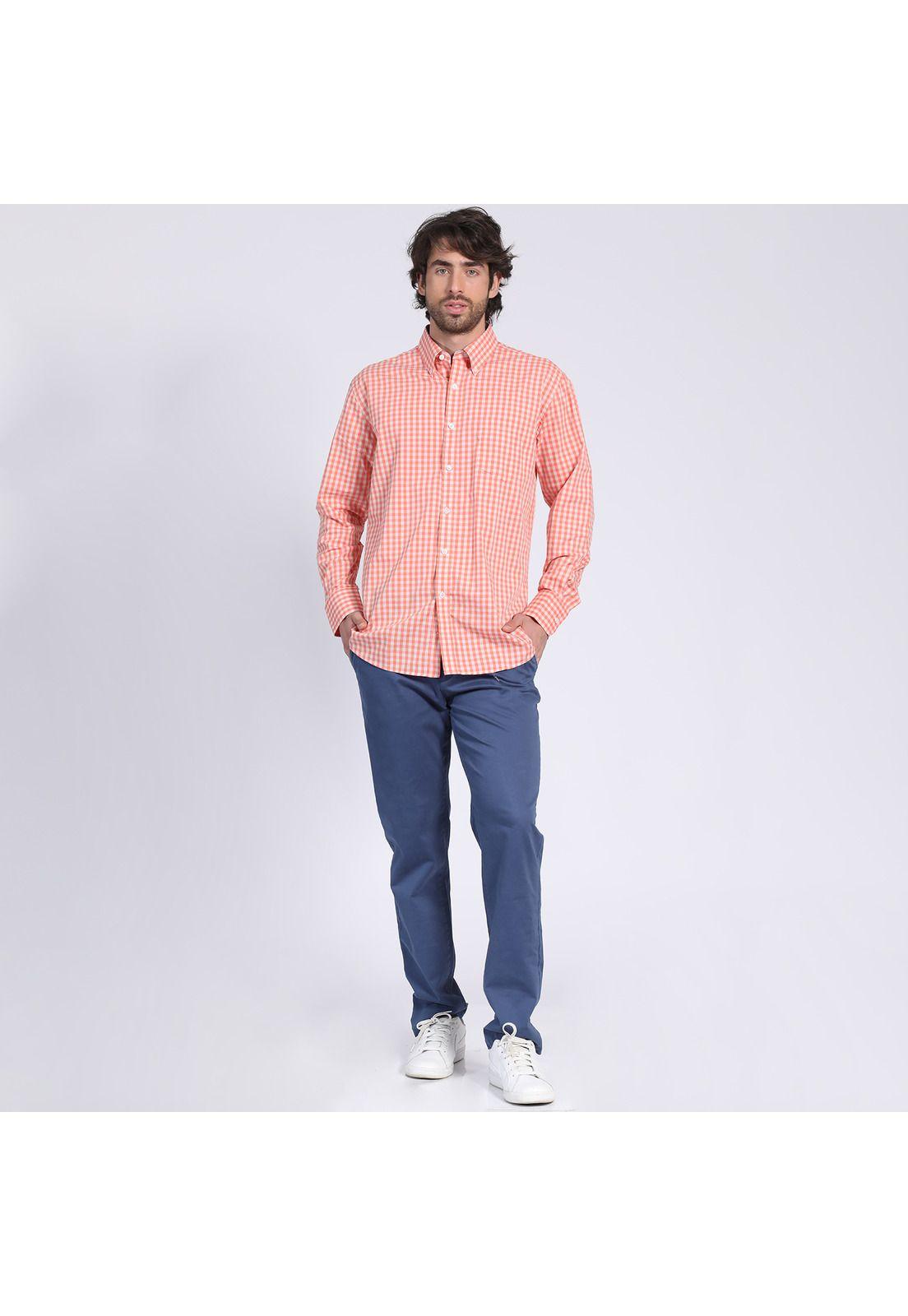 Camisa Manga Larga Fantasía Premium Regular Fit Botón Cuello Naranja claro-0