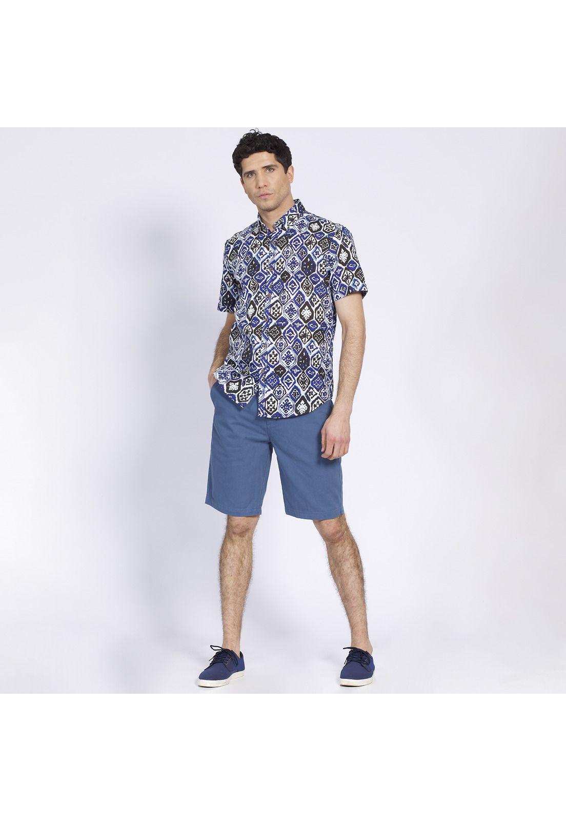 Camisa Manga Corta Estampada Diseño Slim Fit Botón Cuello Azul-0