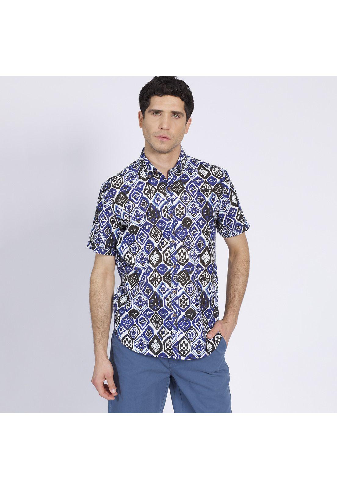 Camisa Manga Corta Estampada Diseño Slim Fit Botón Cuello Azul-1