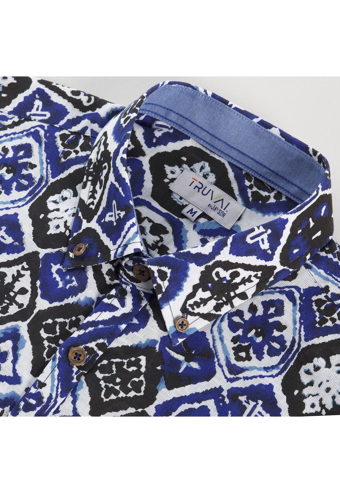 Camisa Manga Corta Estampada Diseño Slim Fit Botón Cuello Azul-3