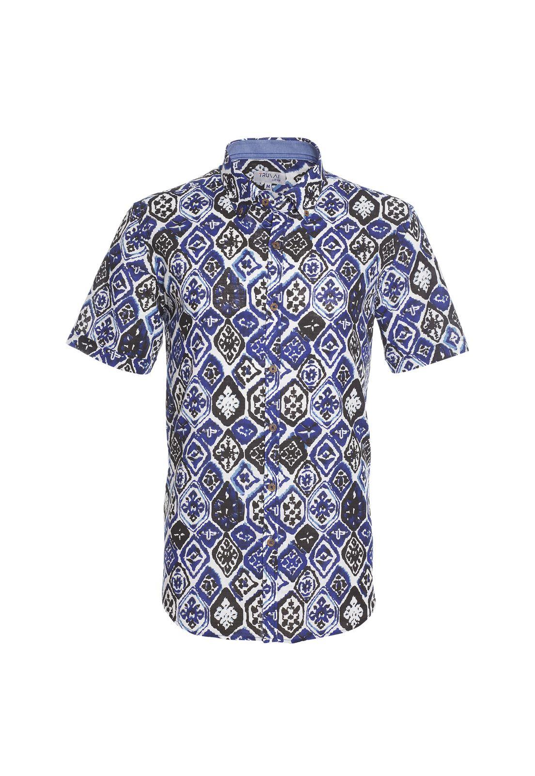 Camisa Manga Corta Estampada Diseño Slim Fit Botón Cuello Azul-4